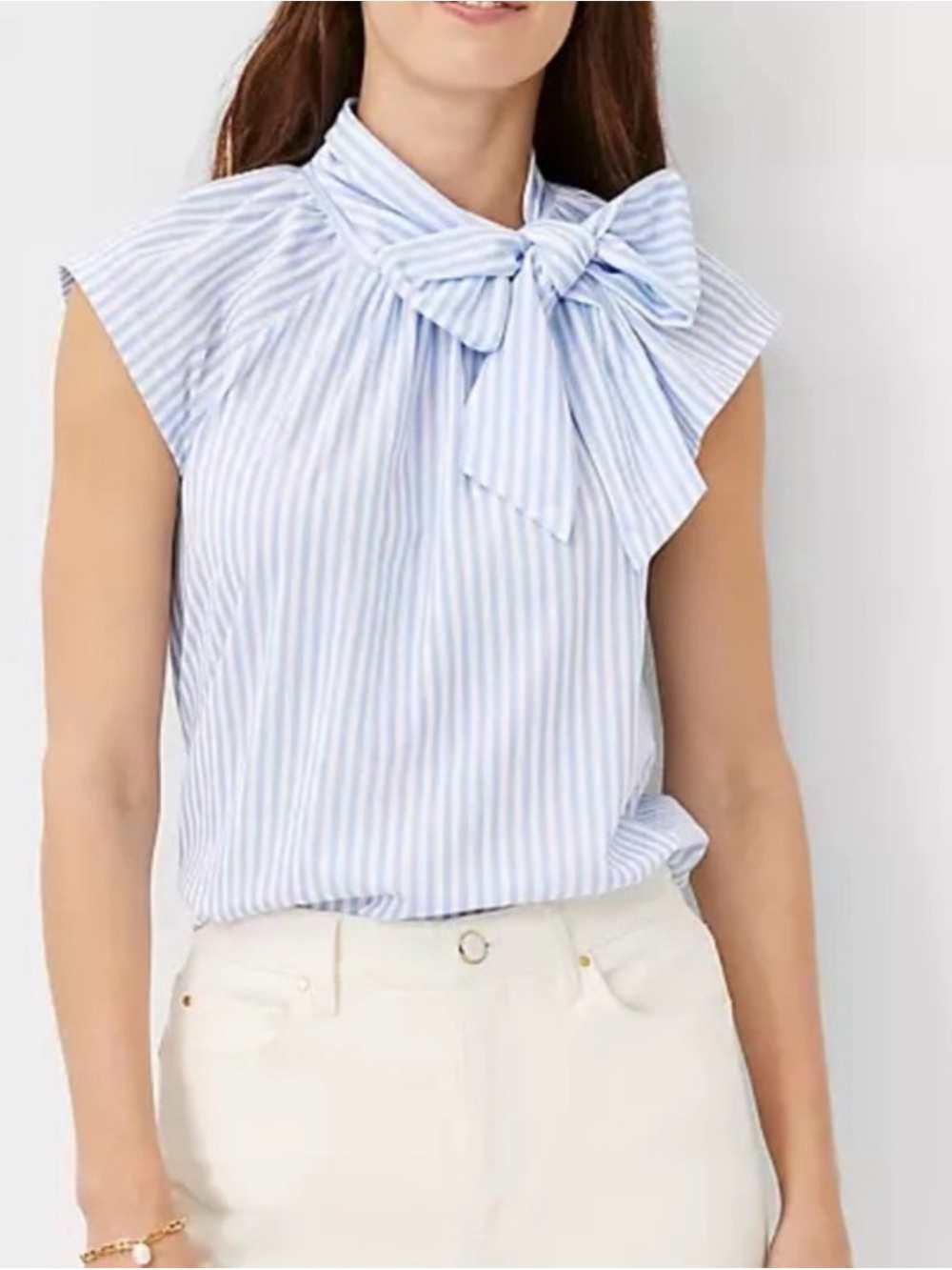 Cap Sleeve Ann Taylor Light Blue Stripe Bow-Detail Women's Top